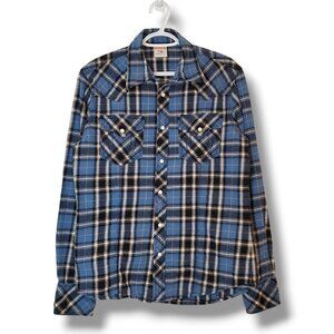 Y2K True Religion Pearl Snap Button Up Flannel Shirt Blue Size L